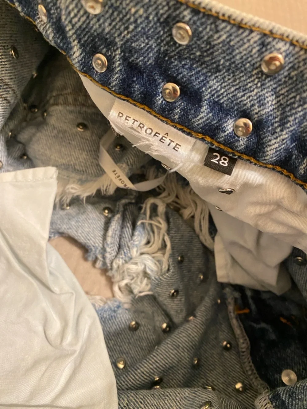 RETROFETE ANGEL EMBELLISHED DENIM SHORT Studded Distressed Denim - Blue. Size 28 - Picture 13 of 15